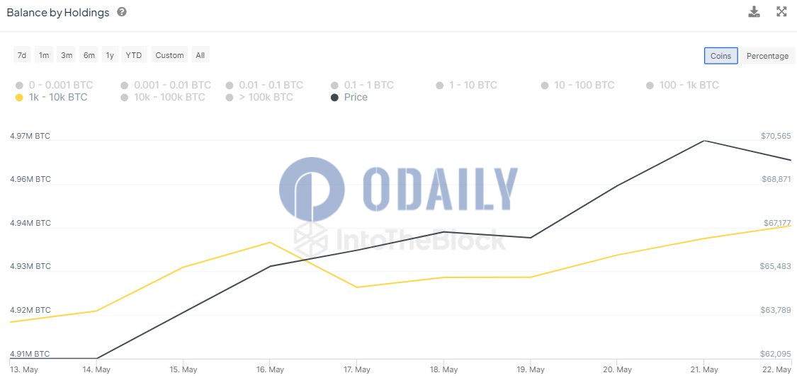 持有1000-1万枚BTC巨鲸地址过去7天增持约2万枚BTC