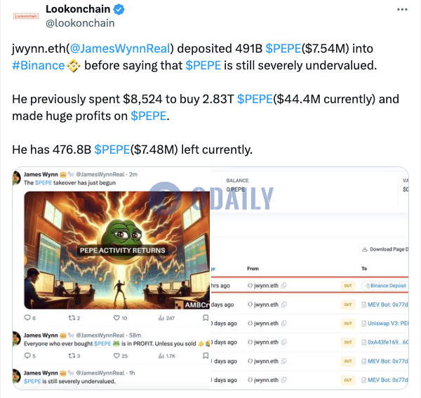 jwynn.eth 2小时前向币安存入4910亿枚PEPE，其在PEPE上总收益率达4138倍
