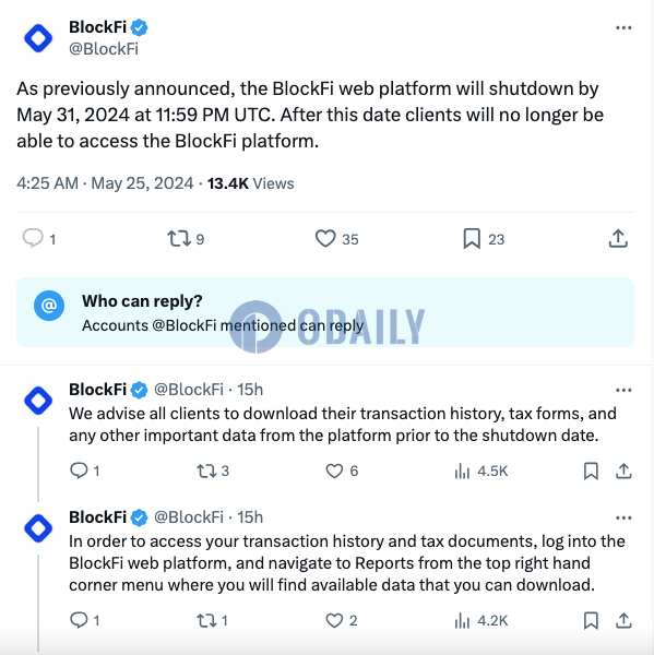 BlockFi：web平台将于6月1日关闭，请用户在此之前下载交易历史等重要数据