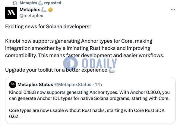 Metaplex：Kinobi现支持为Core生成Anchor类型以优化集成流程