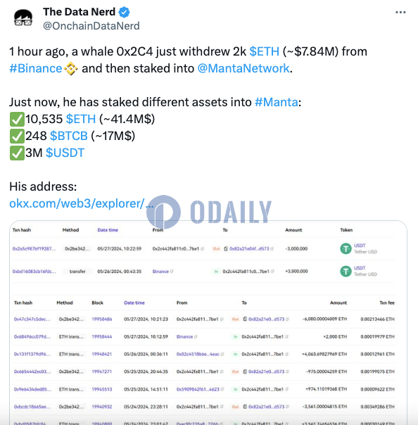 某鲸鱼1小时前从币安提取2000枚ETH并在Manta Network质押