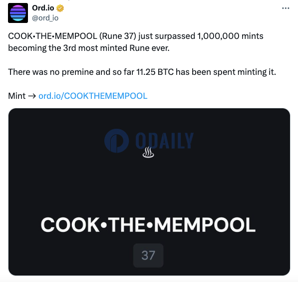 COOK•THE•MEMPOOL mint数超100万，费用达11.25枚BTC