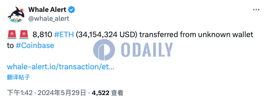 8810枚ETH从未知钱包转至Coinbase