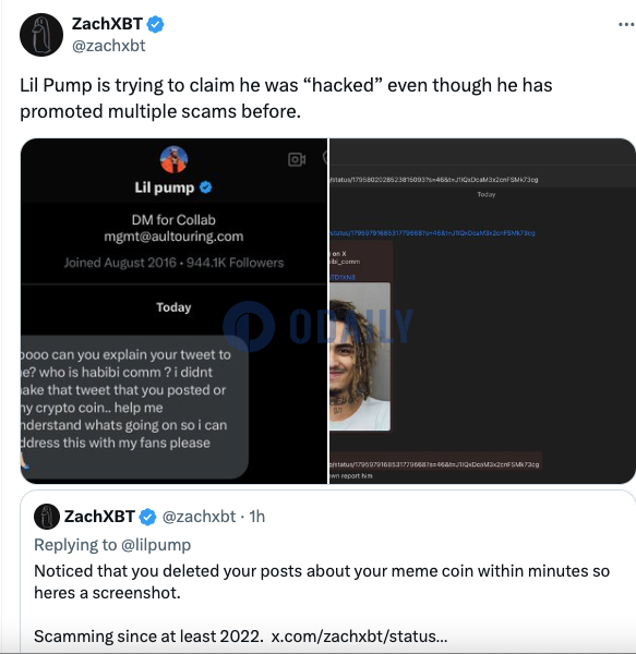 ZachXBT：美国说唱歌手Lil Pump宣传Meme币后删帖，声称账户被黑