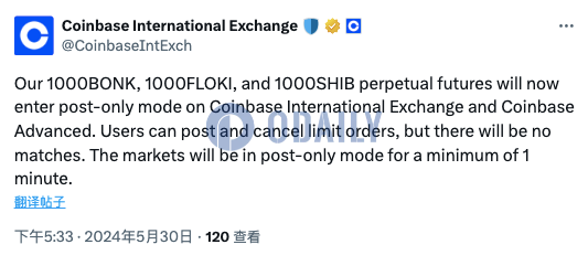 Coinbase国际站上1000BONK、1000FLOKI、1000SHIB永续合约进入仅限挂单模式