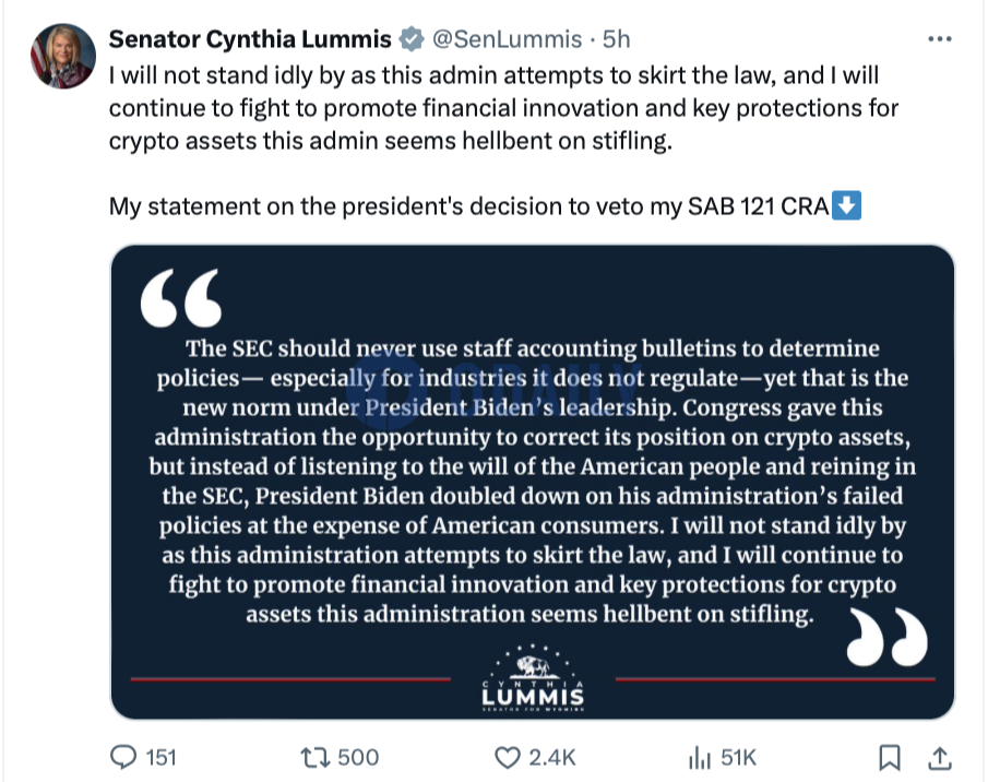 美参议员Cynthia Lummis：拜登错失了“纠正”其针对加密行业立场的机会