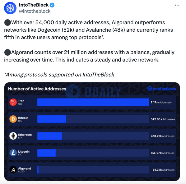 Algorand日活跃地址数突破5.4万，总地址数超2100万