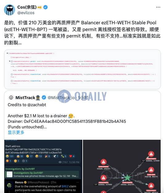 某地址价值210万美元的再质押资产ezETH-WETH-BPT被盗