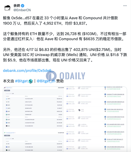 某鲸鱼从Aave和Compound借用稳定币买入4952枚ETH