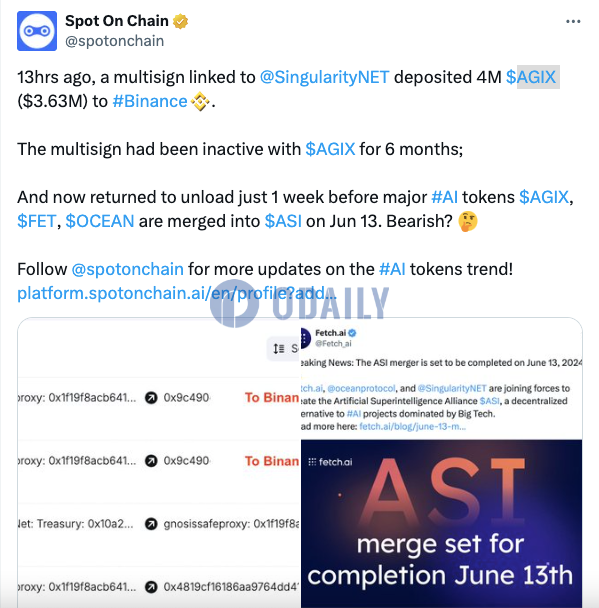 某SingularityNET相关多签地址13小时前向币安存入400万枚AGIX