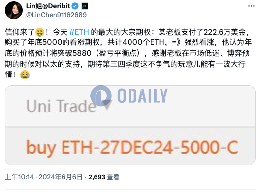 Deribit上ETH大宗期权买入年底5000美元看涨期权