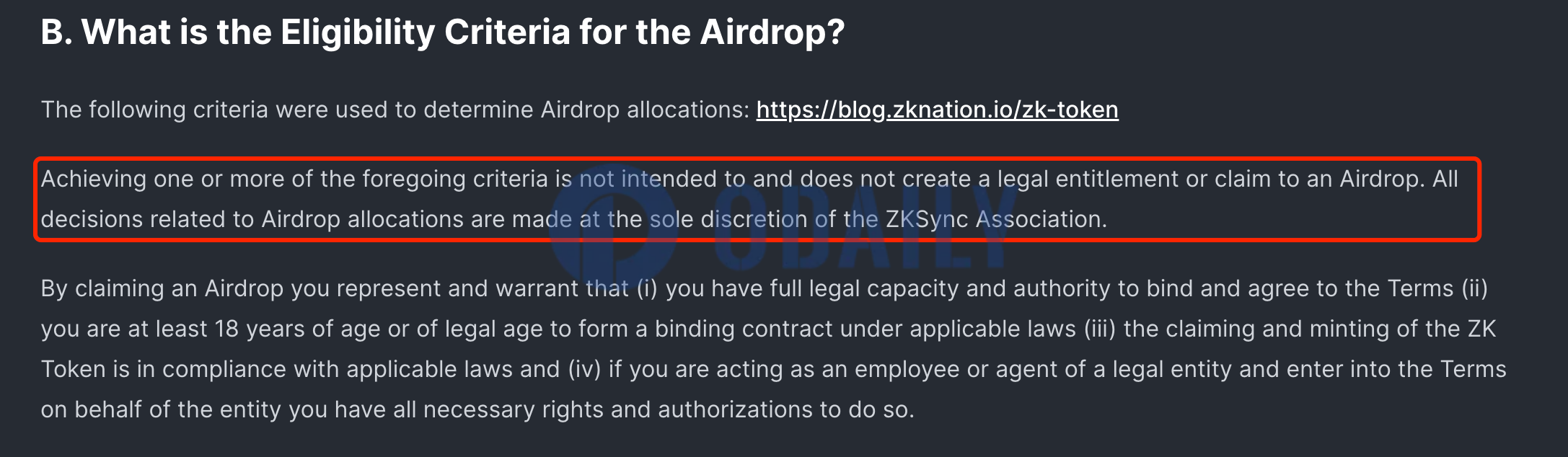 ZKSync：满足空投标准并不意味着获得空投，相关决定均由协会自行决定