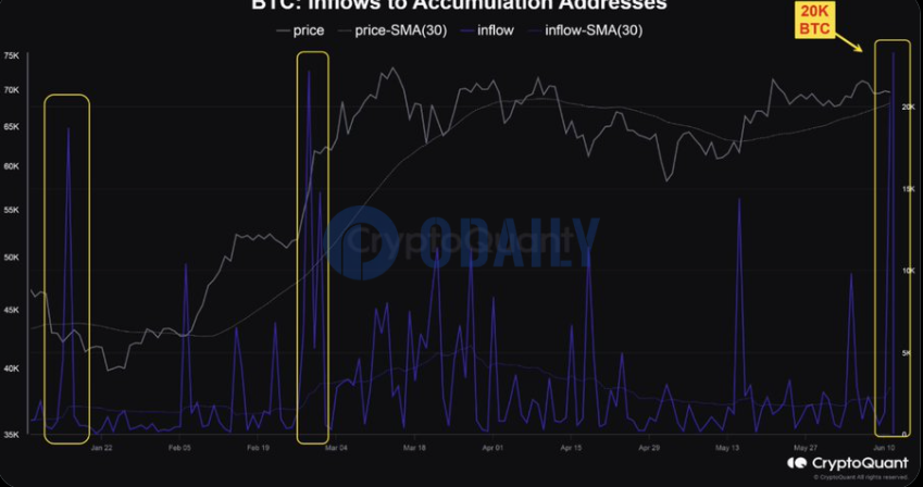 CryptoQunat：比特币巨鲸在回调期再次增持超2万枚BTC