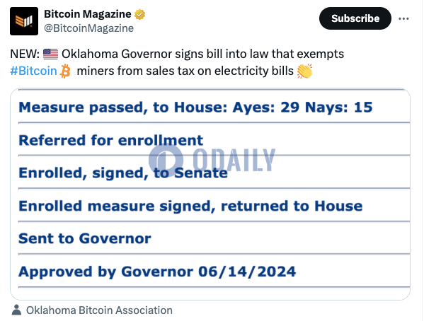 俄克拉荷马州州长签署法案，免除比特币矿工电费销售税
