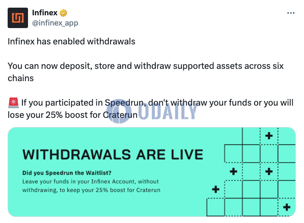 Infinex启用提款功能，用户可跨六条链存取受支持资产