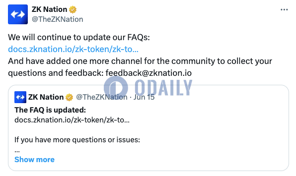 ZK Nation：将持续更新FAQ文档，已新增社区反馈邮箱