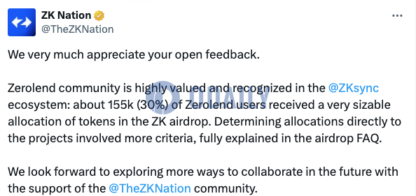 ZK Nation回应ZeroLend质疑：约15.5万ZeroLend用户获得ZK空投，项目空投涉及更多标准