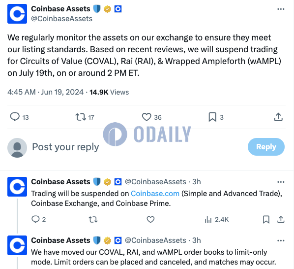 Coinbase将下线COVAL、RAI和wAMPL，并面向纽约用户暂停SNX交易