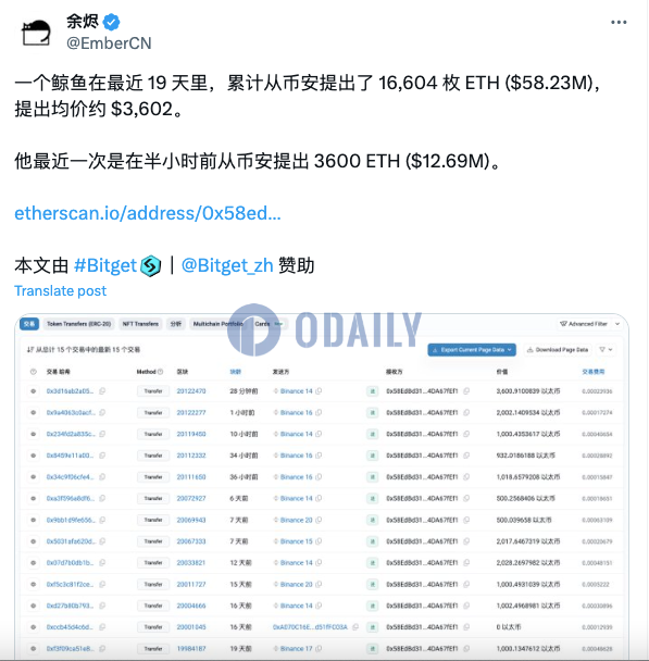 某鲸鱼半小时前从币安买入3600枚ETH，近19天累计买入16604枚ETH