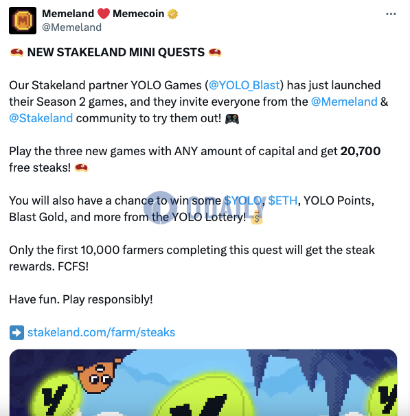 Memeland：Stakeland合作项目YOLO Games已推出Season 2游戏