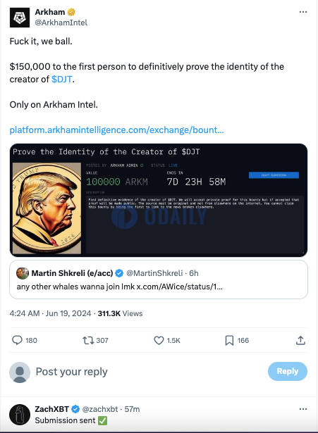 Arkham悬赏15万美元寻找特朗普主题币DJT创作者，ZachXBT已提交申请