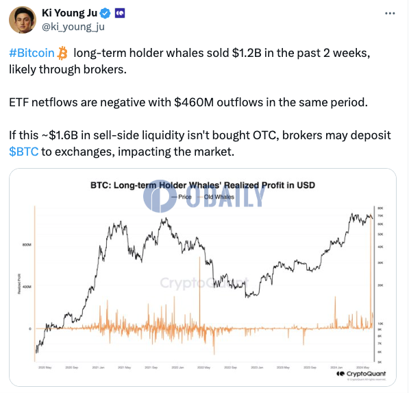 CryptoQuant CEO：近两周比特币长期持有者出售12亿美元BTC