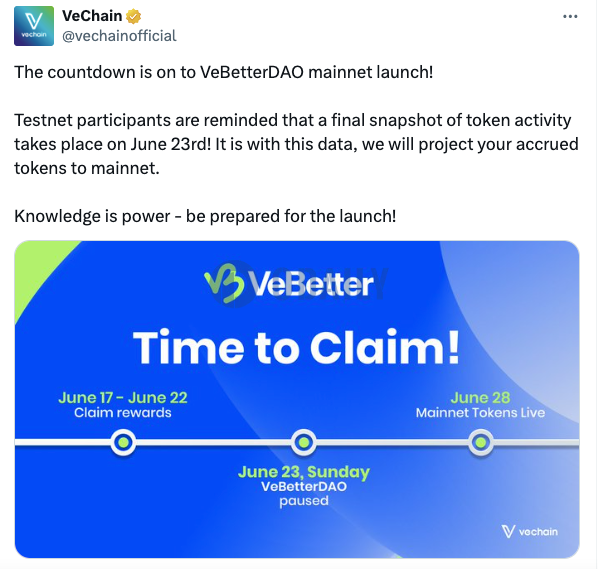 VeChain：VeBetterDAO主网将于6月28日上线