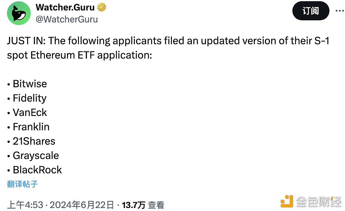 Bitwise、VanEck、富兰克林等8家现货以太坊ETF申请人已提交其S-1文件的更新版本
