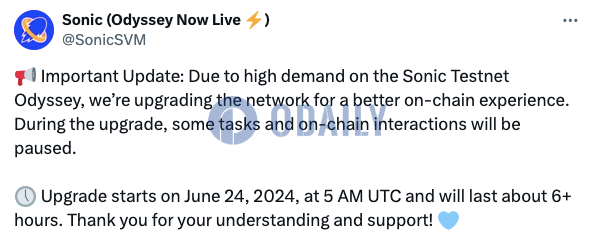 Solana游戏链Sonic拟于明日升级测试网，期间暂停部分Odyssey任务和链上交互