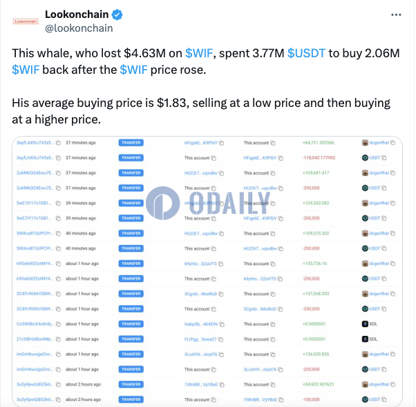 曾在WIF上损失463万美元的某鲸鱼再度买入206万枚WIF