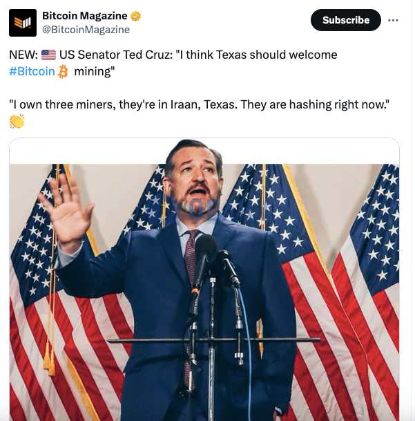 美议员Ted Cruz：得克萨斯州应欢迎比特币挖矿