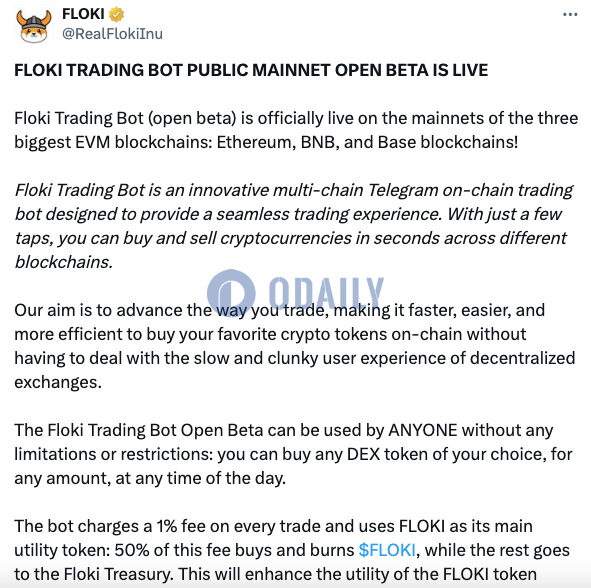 Floki Trading Bot公共主网开放测试版上线以太坊、BNB Chain和Base