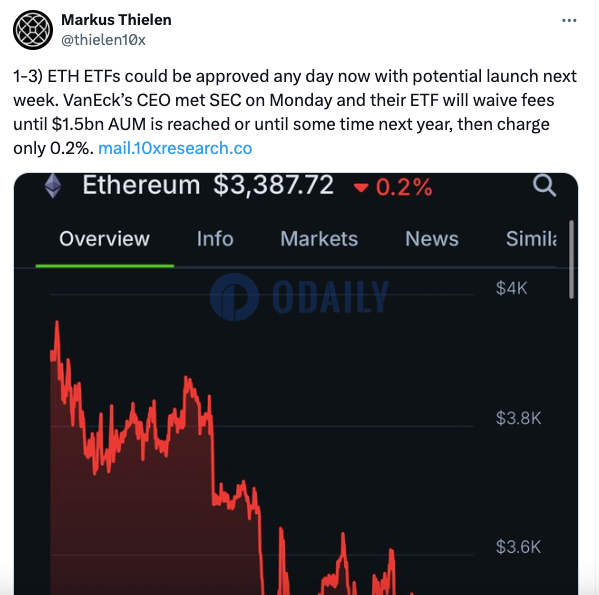 10x Research：以太坊现货ETF有望7月2日获批，预计可吸引28亿美元资金