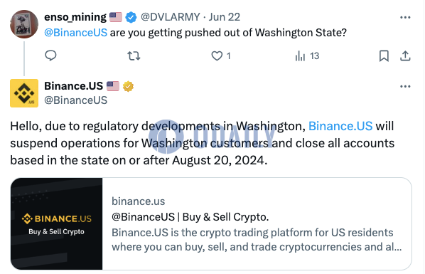 Binance.US：因监管因素，将于8月20日起停止向华盛顿用户提供服务