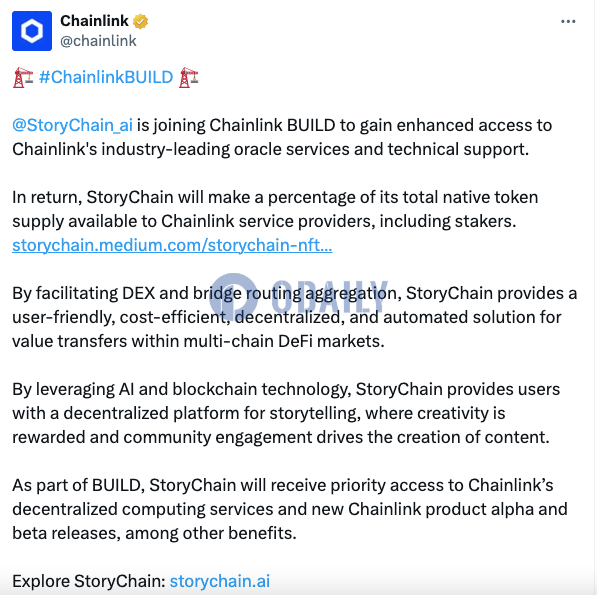 StoryChain加入Chainlink BUILD，将向Chainlink服务提供商提供其原生代币