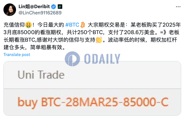 Deribit上BTC大宗期权买入2025年3月底8.5万美元看涨期权