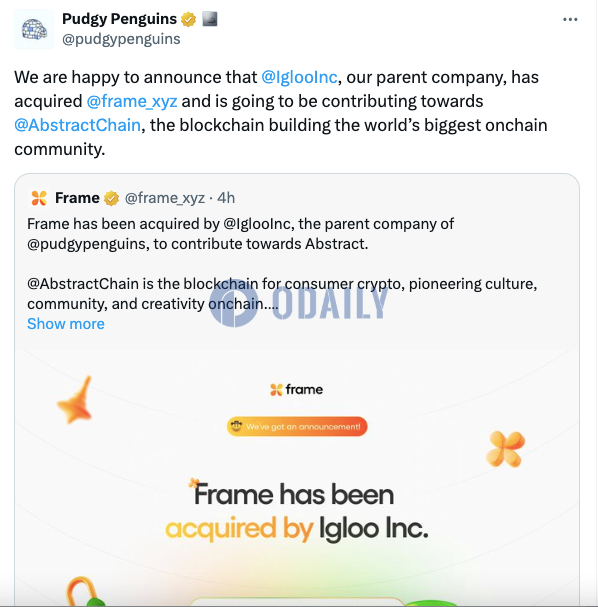 Pudgy Penguins母公司收购Web3创作者平台Frame以构建Abstract Chain