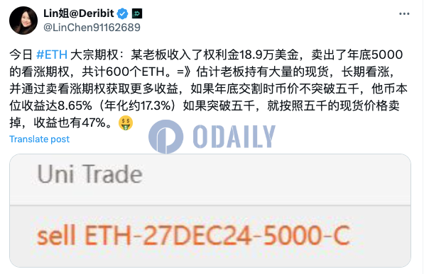 Deribit上ETH大宗期权卖出年底5000美元看涨期权