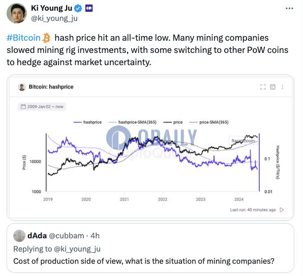 CryptoQuant CEO：比特币哈希价格创新低，部分矿企转挖其他PoW币对冲风险