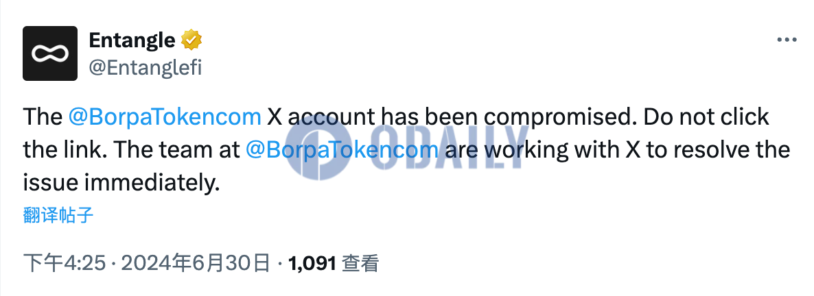 meme项目BorpaToken的官方X账户被盗，请勿点击任何链接