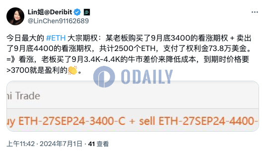 Deribit上ETH大宗期权买入9月底3400美元看涨期权，并卖出4400美元看涨期权