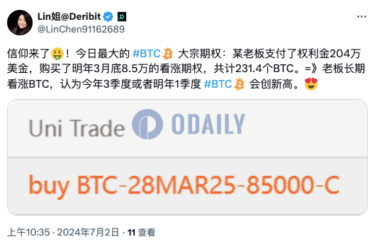 Deribit上BTC大宗期权买入明年3月底8.5万美元看涨期权