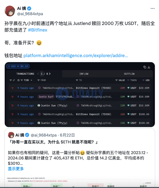 孙宇晨9小时前从Justlend赎回2000万枚USDT并全部存入Bitfinex