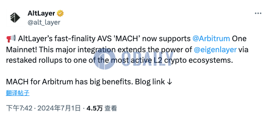 AltLayer宣布AVS“MACH”已支持Arbitrum One主网