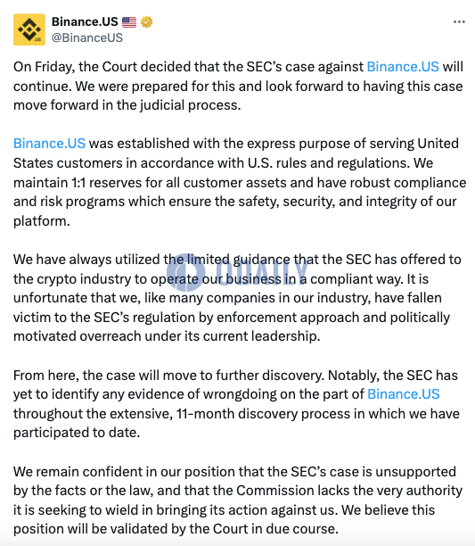 Binance.US：对美SEC诉讼继续进行的裁决已有准备，本案将进入进一步证据开示阶