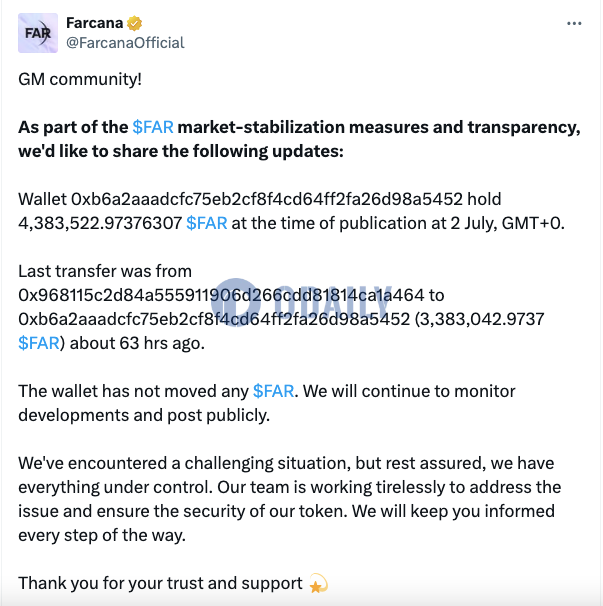 Farcana发布安全事件更新：0xb6a2开头钱包当前持有超438万枚FAR