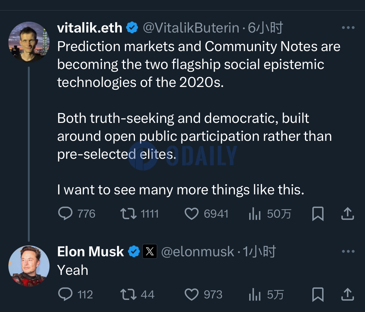 Elon Musk对Vitalik关于预测市场和社区笔记的观点回复表示认同