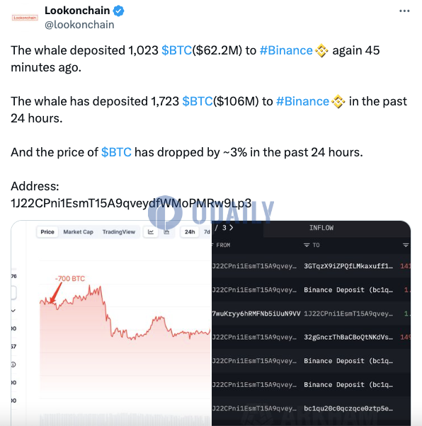 某鲸鱼再次向币安存入1023枚比特币，过去24小时累计存入1723枚
