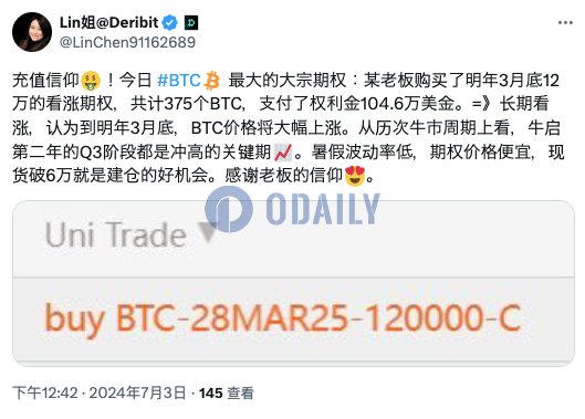 Deribit上BTC大宗期权买入明年3月底12万美元的看涨期权