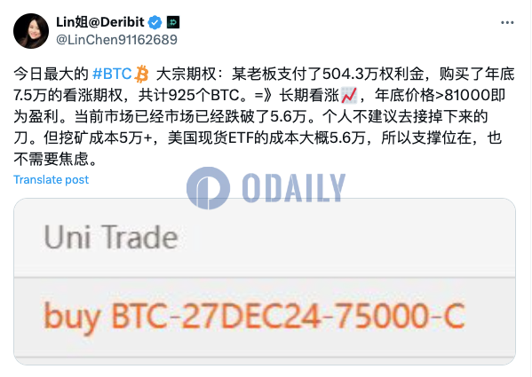 Deribit上BTC大宗期权买入年底7.5万美元看涨期权，共计925枚BTC